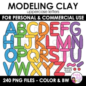 May include: A colorful alphabet set for modeling clay, featuring uppercase letters in various hues. The image includes the text "MODELING CLAY uppercase letters FOR PERSONAL & COMMERCIAL USE" and "240 PNG FILES - COLOR & BW". Spanish accent marks are also included.