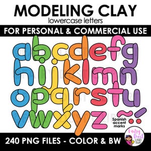 Może przedstawiać: Kolorowy zestaw liter alfabetu do modeliny, z małymi literami w różnych jasnych kolorach. Obraz zawiera tekst "MODELING CLAY" i "FOR PERSONAL & COMMERCIAL USE". Zawiera również hiszpańskie znaki akcentu i tekst "240 PNG FILES - COLOR & BW".