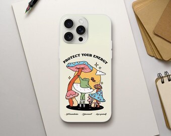 May include: A white phone case with a colorful illustration of a frog dancing on a mushroom. The text "Protect Your Energy" is written in black letters above the frog. The text "Set boundaries - Disconnect - Love yourself" is written in smaller black letters below the frog.
