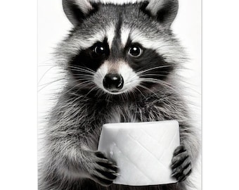 Raccoon Poster Cute Funny Bathroom Decoration Mural Gift Idea Toilet Paper Animal Picture Humor Decoration Raccoon Toilet Children's Room Bathroom WC