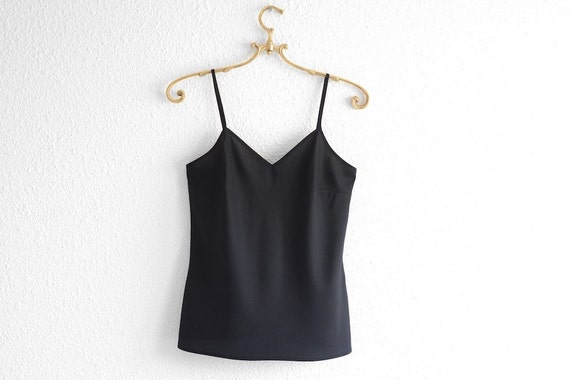 Vintage 1980s Black Silk Tank Top Cami Embroidered