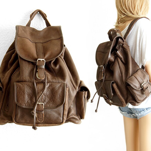 Brown Leather Backpack Leather Rucksack Backpack Hipster Backpack Drawstring Backpack Rucksack Festival School Laptop Camera Carryall Bag