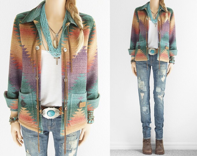 Ralph Lauren Indian Blanket Jacket Leather Fringe Indian Etsy