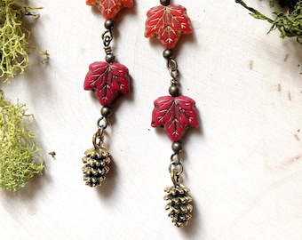 Enchanted Autumn Leaves and Pinecones Earrings by MinouBazaar