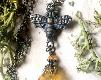 Honeybee Necklace: Golden Bellflower, Swarovski Crystal, Antiqued Brass