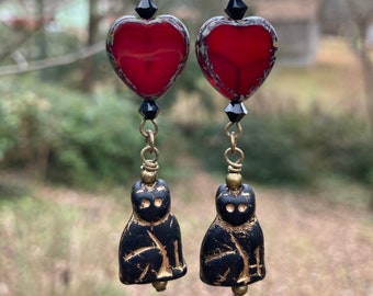 Black Cat Love Spooky Red Heart Earrings by MinouBazaar