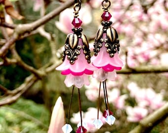 Pink Magnolia Flower Earrings Lucite Enchanted Spring by MinouBazaar