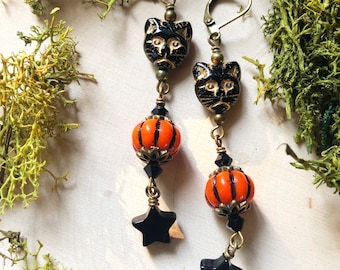 Black Cat and Pumpkin Earrings by MinouBazaar