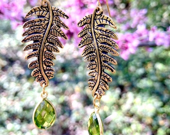 Gold Fern Earrings Peridot Green Faerie Forest by MinouBazaar