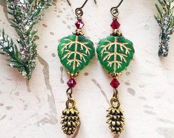 Festive Red and Green Leaf Pine Cone Woodland Earrings by MinouBazaar
