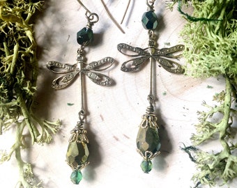 Green and Gold Dragonfly Earrings Enchanted Fairy Nature by MinouBazaar