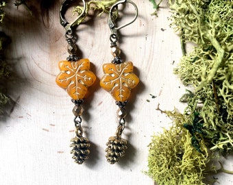 Enchanted Autumn Earrings Gold Yellow Leaf and Pine Cone by MinouBazaar