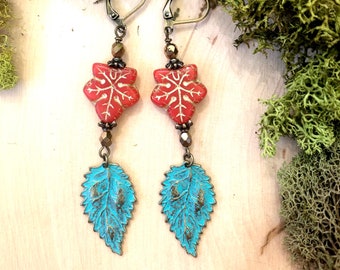 Autumn Woodland Earrings Orange Leaves Turquoise Patina by MinouBazaar