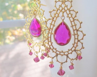 Bollywood Chandelier Earrings Bridal Morocco Hot Pink Lace Earrings by MinouBazaar