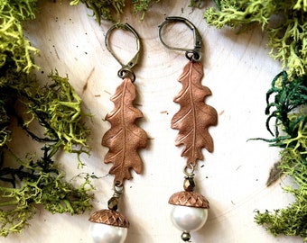 Oak Leaf and Acorn Earrings Copper Autumn Fall by MinouBazaar