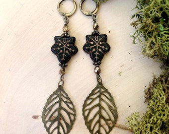 Gothic Woodland Earrings Black Leaves