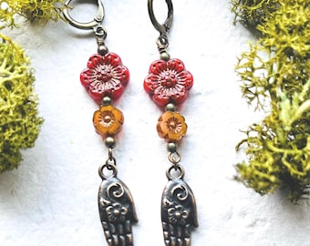 Autumn Red Orange Flowering Hand Earrings