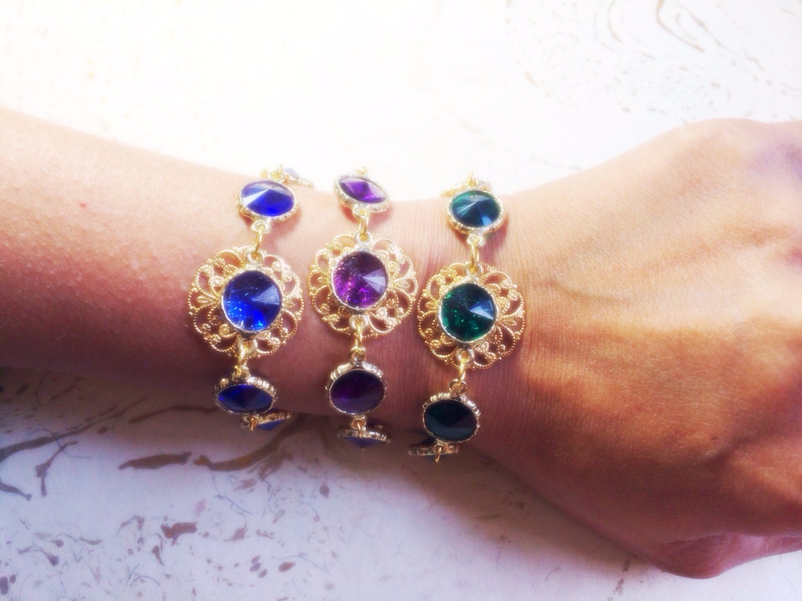 Gold Bracelet Filigree Green Blue Purple by Minoubazaar | Etsy