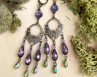 Purple and Green Floral Chandelier Earrings