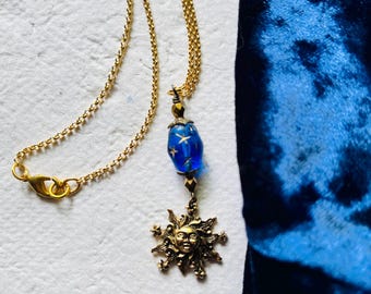 Blue Celestial Whimsigoth Moon Stars Sun Necklace