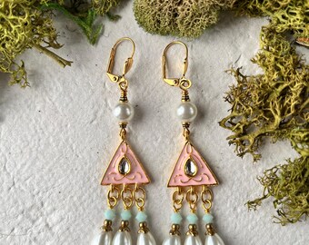 Pink and Green Pearl Bollywood Earrings