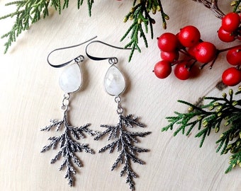 Moonstone and Pine Branch Earrings by MinouBazaar