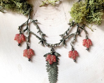 Fern and Branch Necklace Orange Autumn Faerie Forest by MinouBazaar
