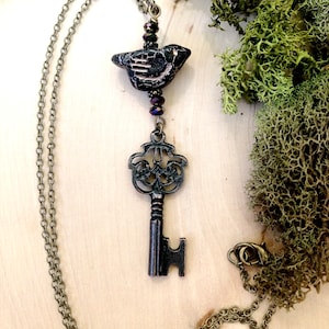 Gothic Raven and Key Necklace Dark Academia Poe Nevermore by MinouBazaar