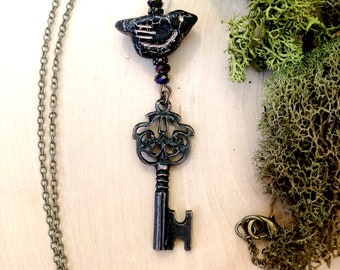 Gothic Raven and Key Necklace Dark Academia Poe Nevermore by MinouBazaar