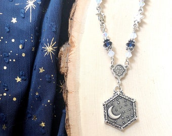 Celestial Sky Moon and Stars Necklace Enchanted Gifts by MinouBazaar