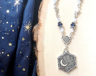 Silver Celestial Whimsigoth Moon and Stars Necklace