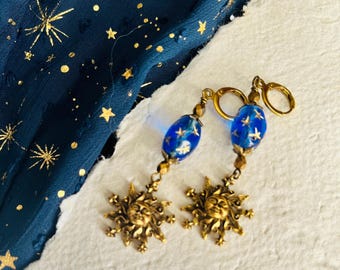 Blue Celestial Whimsigoth Moon Stars Sun Earrings