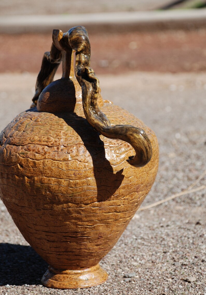  Coil  Pot  with Driftwood Handle unique  hand built pottery 