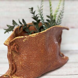 May include: A brown ceramic planter with a textured surface, shaped like a folded piece of fabric. The planter has a small loop on the side and is filled with green plants.