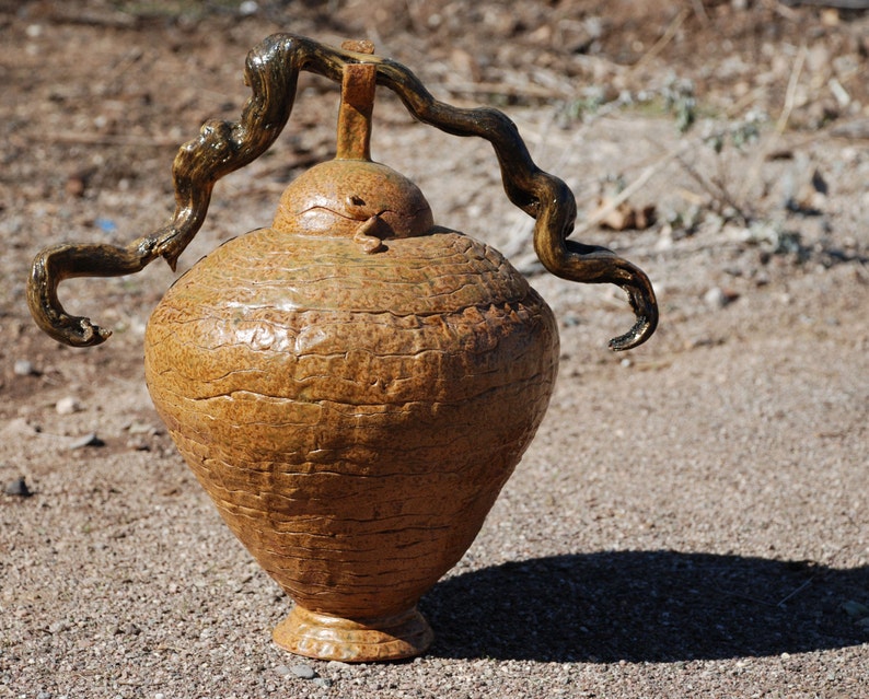  Coil  Pot  with Driftwood Handle unique  hand built pottery 