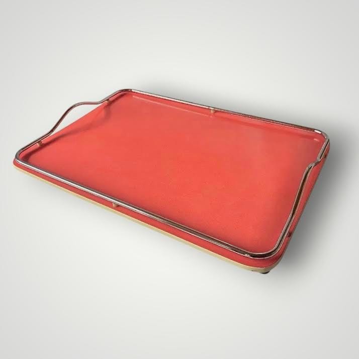 Old large tray in red Formica and chrome metal - width: 63 cm - 1960s
