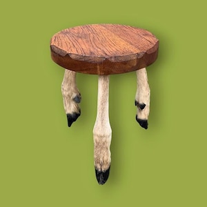 May include: A distinctive stool featuring a circular wooden seat supported by three animal legs. The seat is crafted from brown wood, while the legs are a light tan with black hooves. The stool is set against a green backdrop.