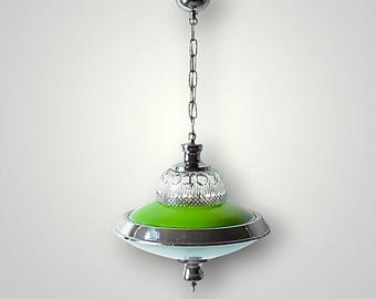 Vintage pendant light in chromed metal and green tinted glass – 1950s