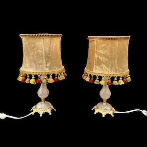 Pair of vintage side lamps in gold metal and cut glass - fringed lampshades - baroque chic 60s