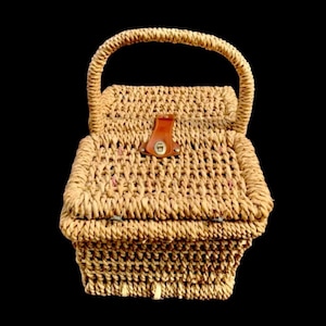 Vintage Wicker, Wood and Rope Picnic Basket - Double Lid - 1970s