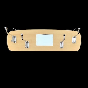 Vintage wooden wall coat rack - 4 hooks and 1 mirror - 1960