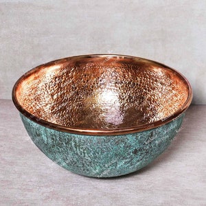Green Patina Bowl Sink, Oxidized Copper Sink Bathroom, Round Verdigris Copper Bathroom Sink, Hammered Copper Interior Washing Basin