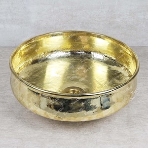 Round Brass Bathroom Sink, Unlacquered Round Vessel Sink Vanity, Hammered Brass Interior Washing Basin, Handmade Brass Sink with Brass Drain