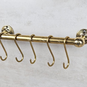 Brass Pot Rack with Hooks, Unlacquered Brass Pot and Pat Rail, Wall Mounted Brass Pot and Pan Hanging Rack with Hooks