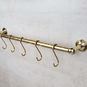 Unlacquered Brass Pot and Pat Rail, Solid Wall Mounted Brass Pot and Pan Hanging Rack with Hooks