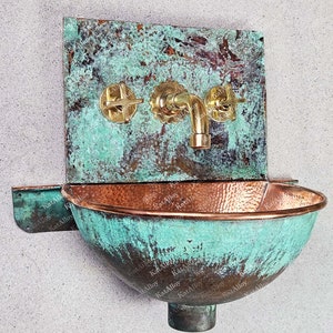 Handmade Patina Copper Hung Basin With Brass Faucet, Oxidized Wall Mounted Copper Wash Basin, Green Patina Copper Wall Mount Bathroom Sink