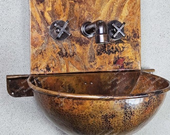 Handmade Rustic Copper Wall Mount Bathroom Sink with Faucet