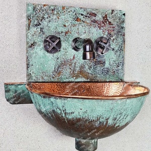 Green Patina Copper Wall Mount Bathroom Sink, Oxidized Wall Mounted Copper Wash Basin, Handmade Patina Copper Hung Basin With Copper Faucet