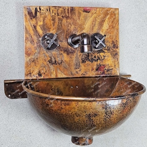Copper Wall Mount Bathroom Sink, Rustic Wall Mounted Copper Wash Basin, Handmade Hung Basin With Copper Faucet