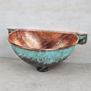 Oxidized Wall Mount Copper Wash Basin, Wall Mounted Bathroom Sink Green Patina Copper, Handmade Patina Copper Hung Basin